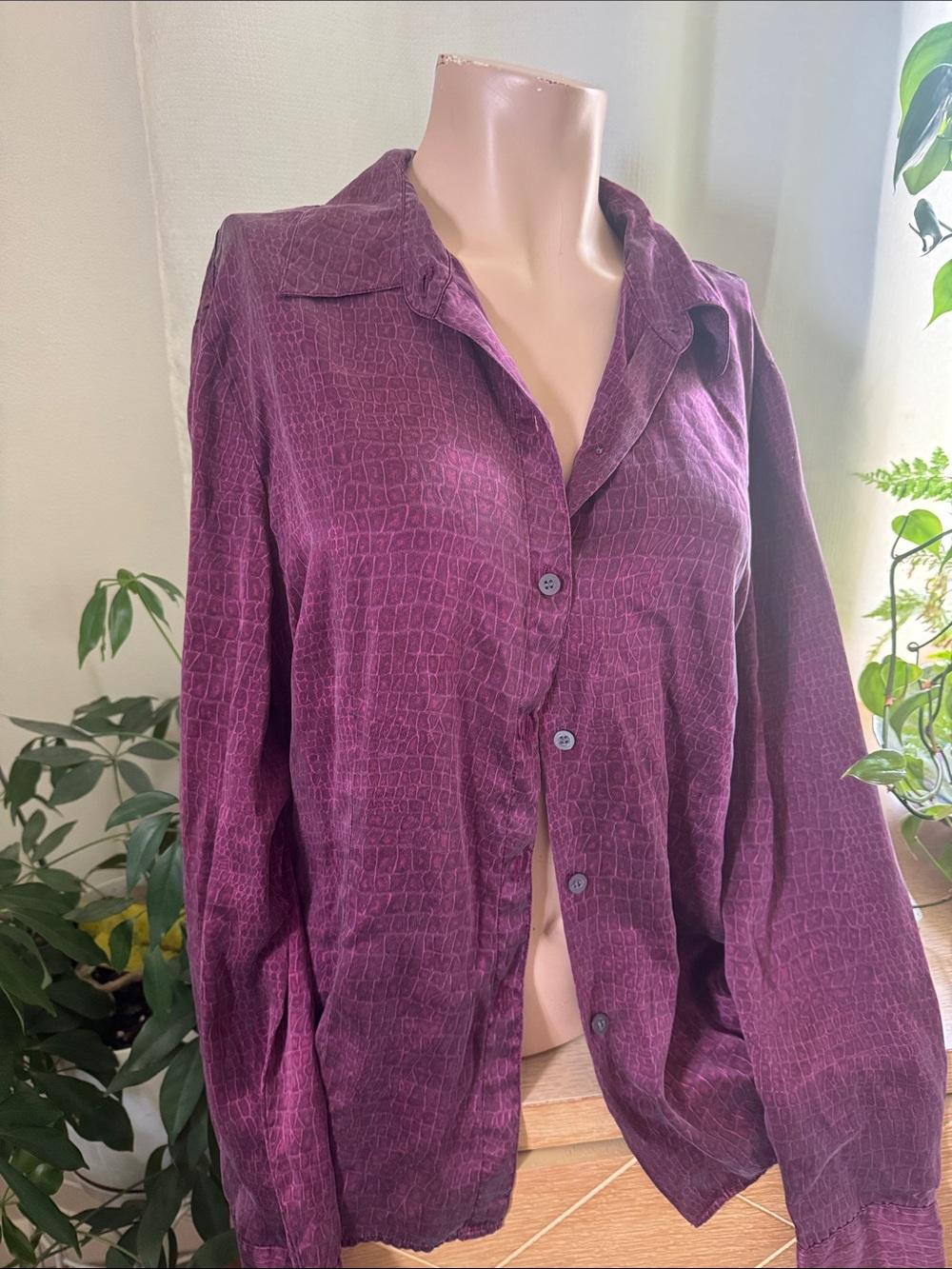 New York & Company Plum Croc-Print Button-Up Silk Blouse